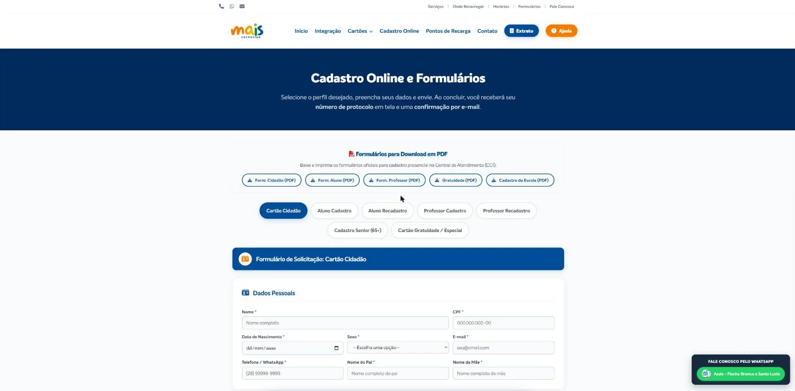 Cadastro online com abas por perfil de usuário