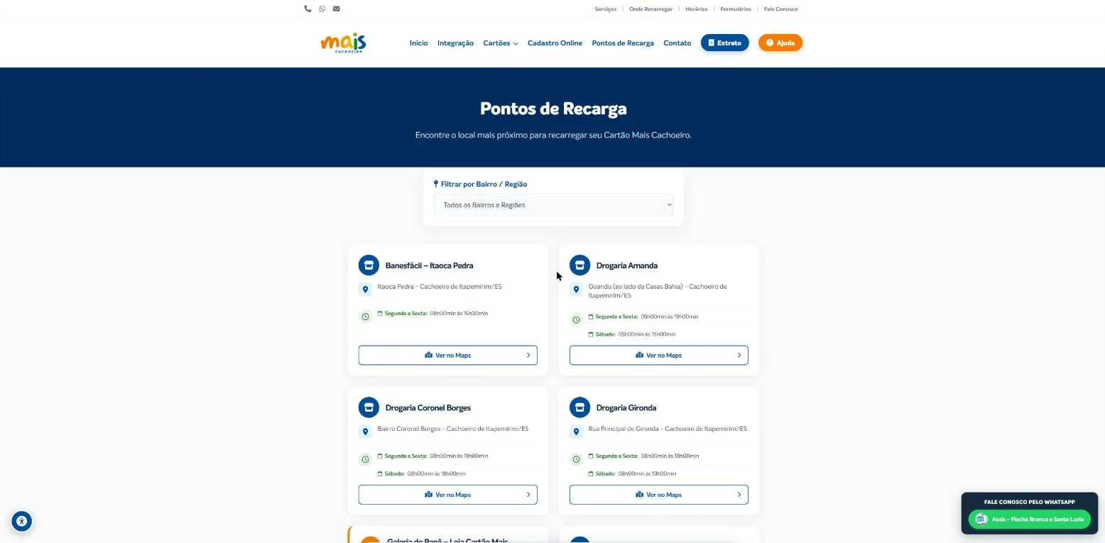 Pontos de recarga com filtro por bairro e link para o mapa
