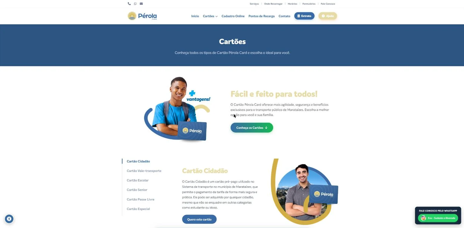 Página de cartões com navegação por tipo