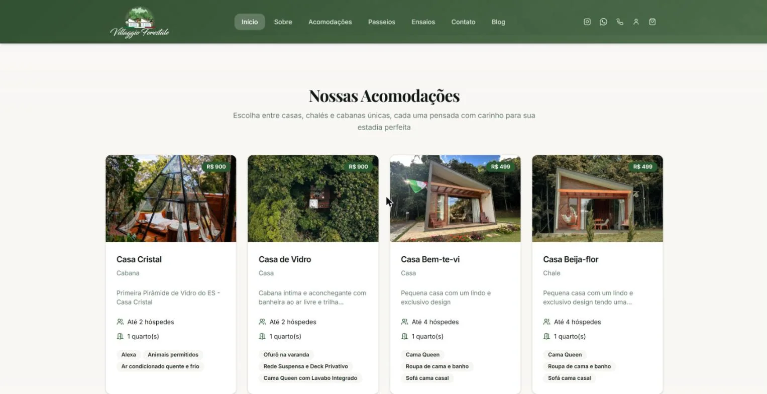 Acomodações com preço, capacidade e comodidades
